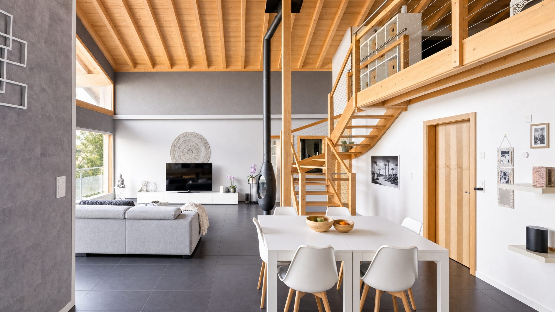 agent_generate_image – A modern, double-height open-plan living space with a mezzanine_ con Contemporary House